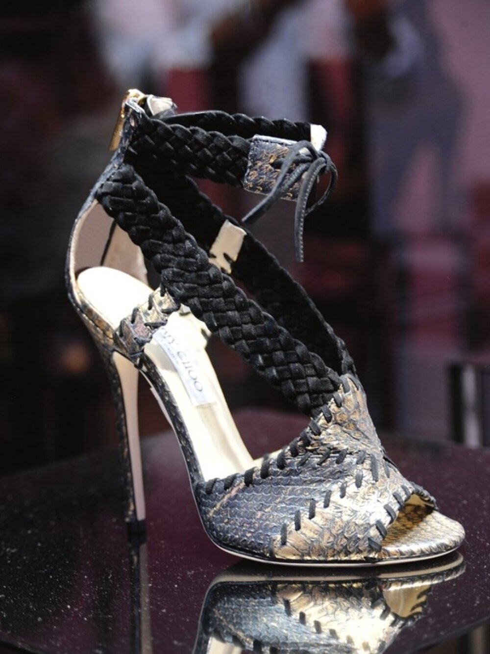 Jmmy Choo Taper Gold Metallic Elaphe-Snakeskin Braided-Strap Sandals